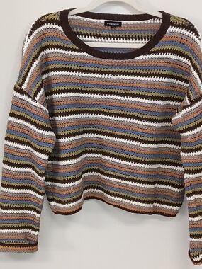 Blu Pepper Cropped Oversized Striped Crochet Open Knit Sweater Brown Small